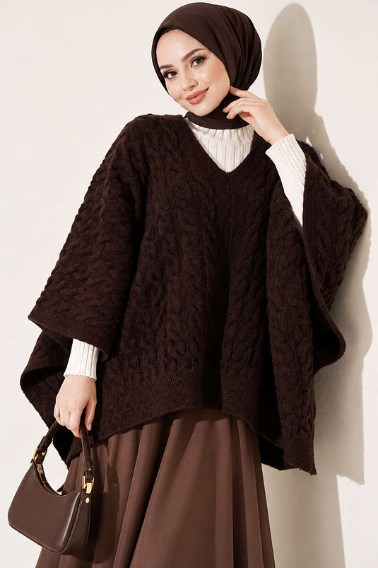 Poncho En Maille À Motif Marron