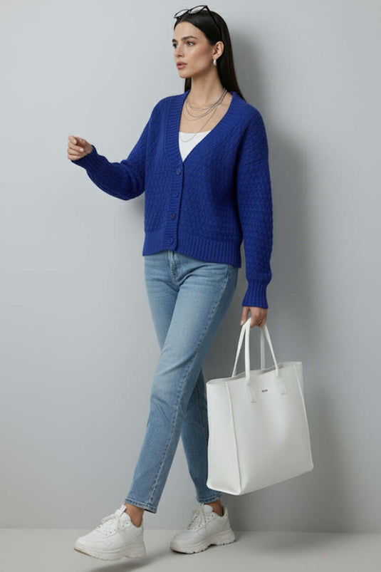 Örgü Detaylı Düğmeli Triko Hırka Saks