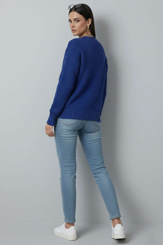 Örgü Detaylı Düğmeli Triko Hırka Saks