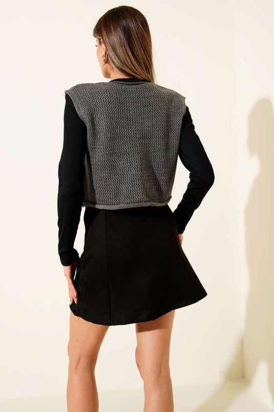 Knitted Vest with Button Details, Dark Gray