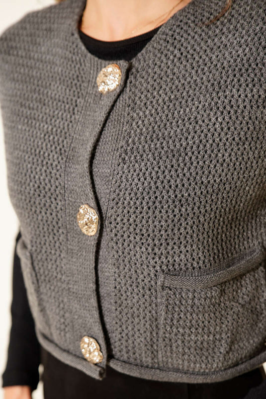 Knitted Vest with Button Details, Dark Gray