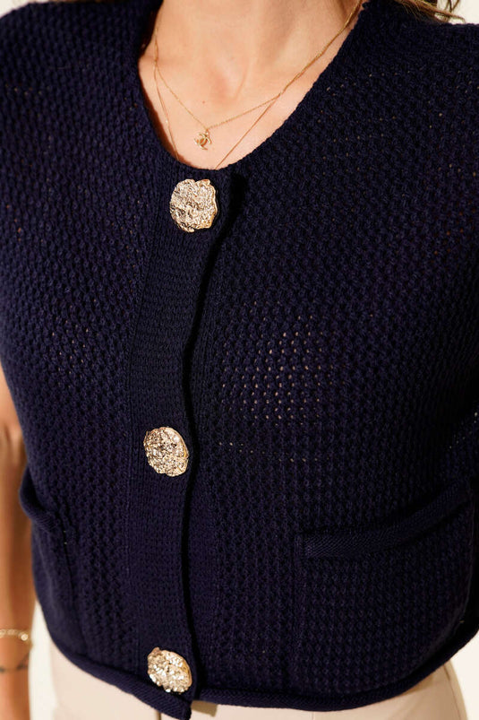 Knitted Vest with Button Details, Navy Blue