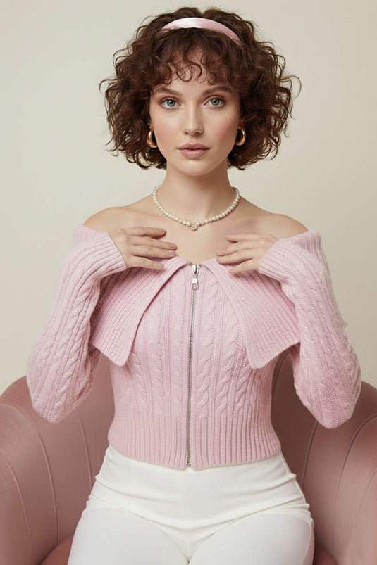 Rosa Strickjacke mit Strickdetails und Reißverschluss