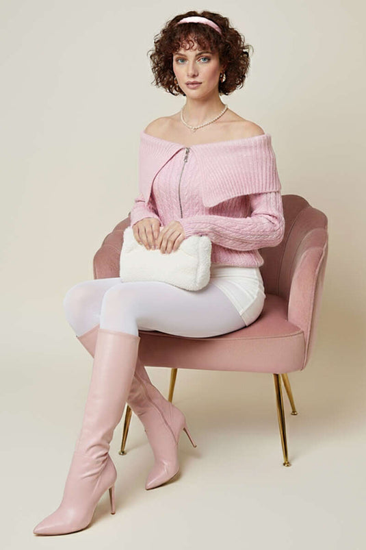 Cardigan rosa con dettagli in maglia e cerniera