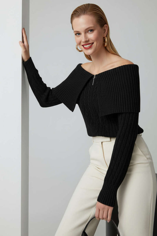 Gilet noir zippé à détails tricotés