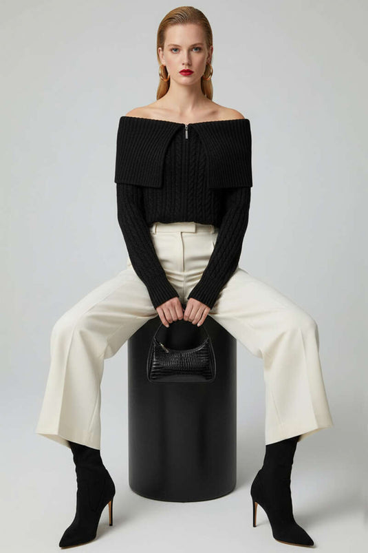 Gilet noir zippé à détails tricotés