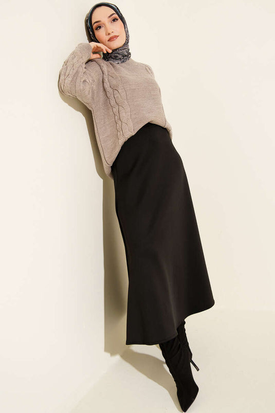 كنزة صوفية محبوكة بتفاصيل محبوكة، بيج