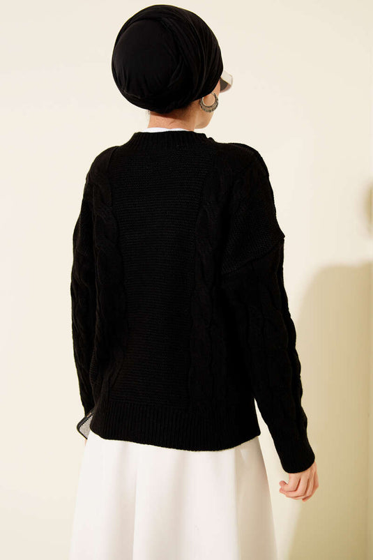 كنزة صوفية محبوكة بتفاصيل محبوكة، أسود