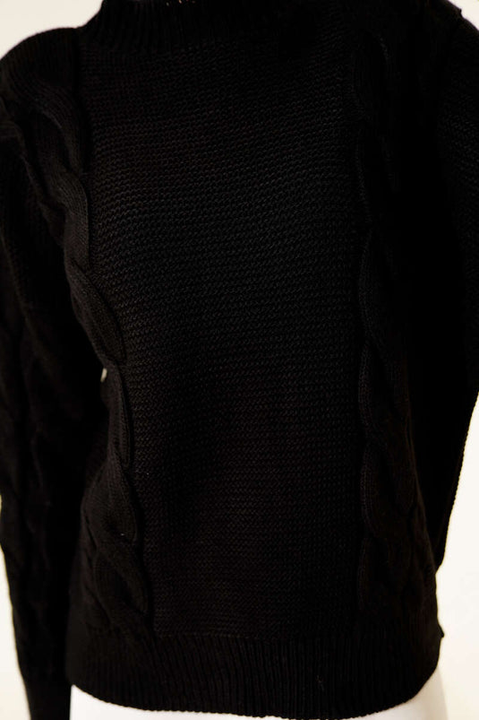 كنزة صوفية محبوكة بتفاصيل محبوكة، أسود