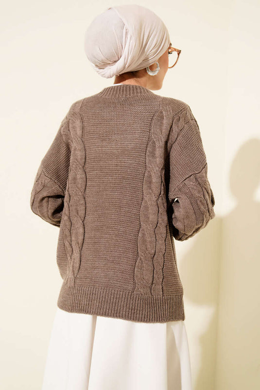 كنزة صوفية محبوكة بتفاصيل محبوكة، لون المنك