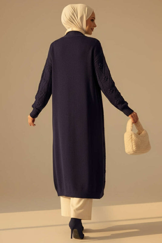 كارديغان محبوك بنمط بارز طويل باللون الكحلي