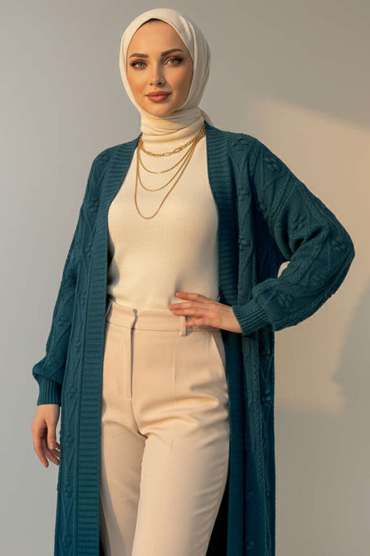 Cardigan long en maille à motifs en relief, couleur pétrole