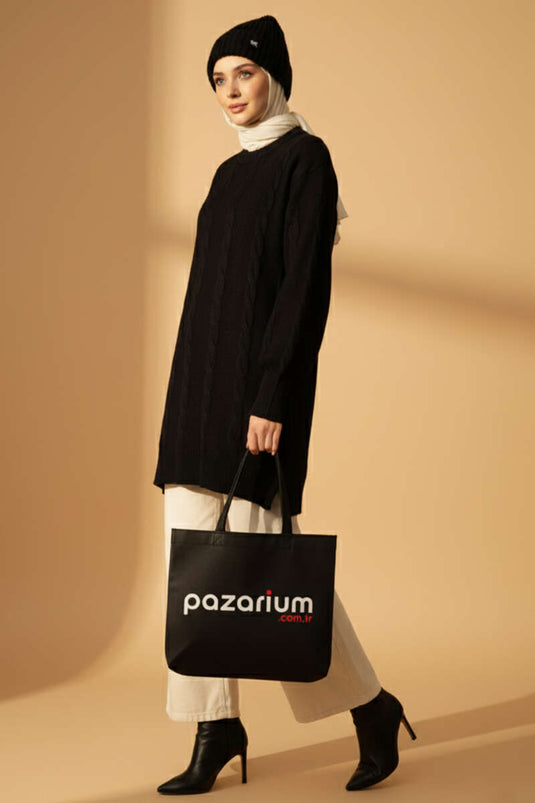 تونيك أسود ناعم منقوش محبوك