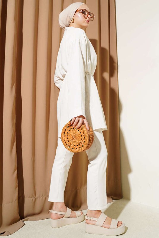 كيمونو محبوك بحزام بلون البيج