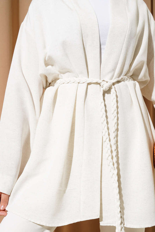 كيمونو محبوك بحزام بلون البيج