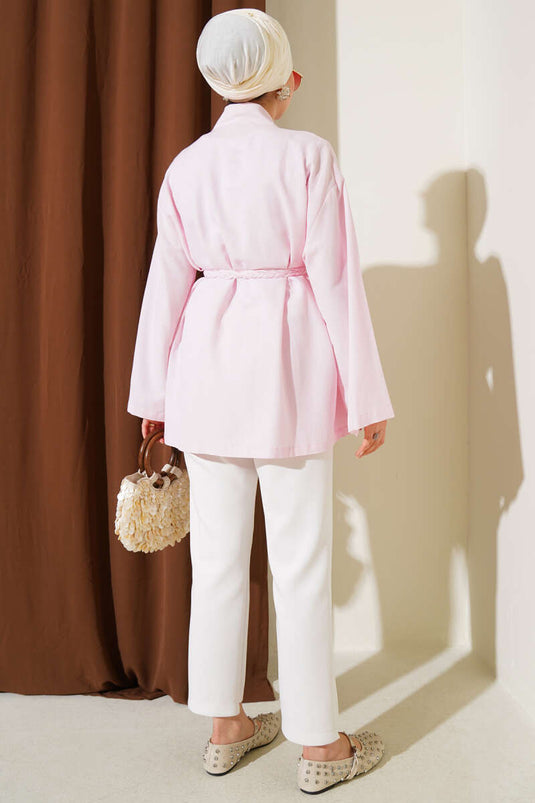Pink Knitted Belted Kimono