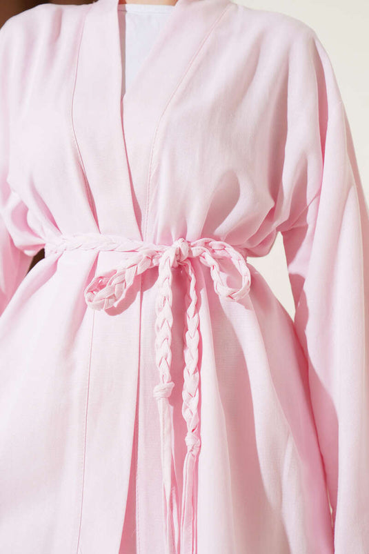 Pink Knitted Belted Kimono
