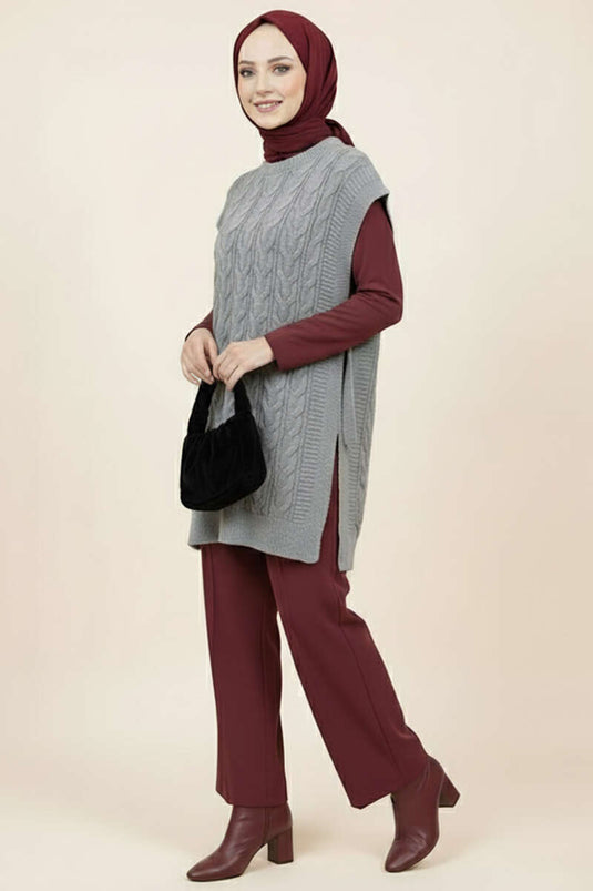 كنزة صوفية رمادية برباط جانبي