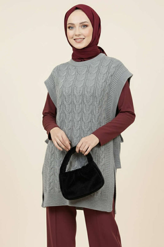 كنزة صوفية رمادية برباط جانبي