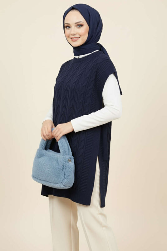 كنزة صوفية محبوكة برباط جانبي، لون أزرق داكن
