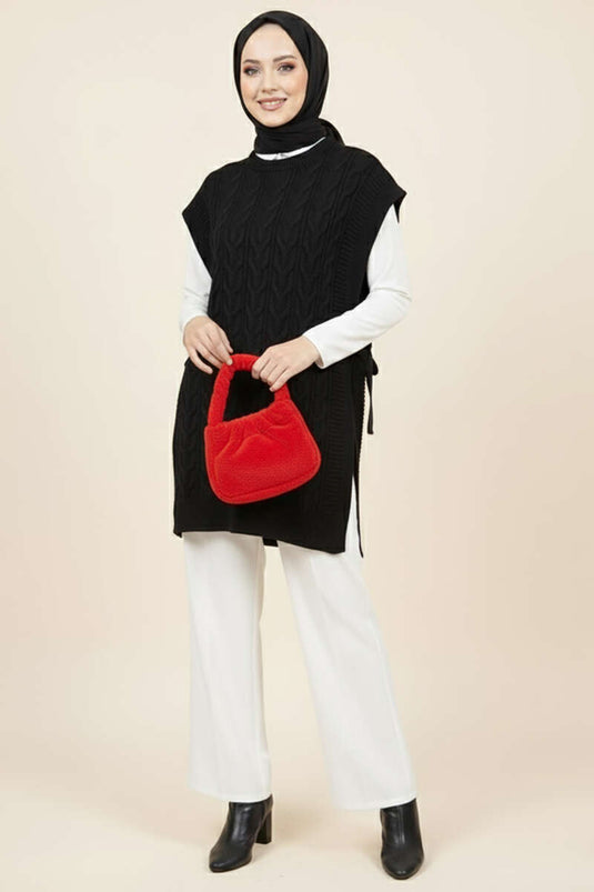 كنزة صوفية محبوكة برباط جانبي، أسود