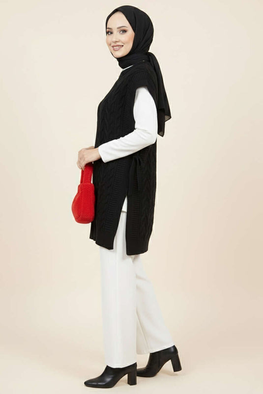 كنزة صوفية محبوكة برباط جانبي، أسود