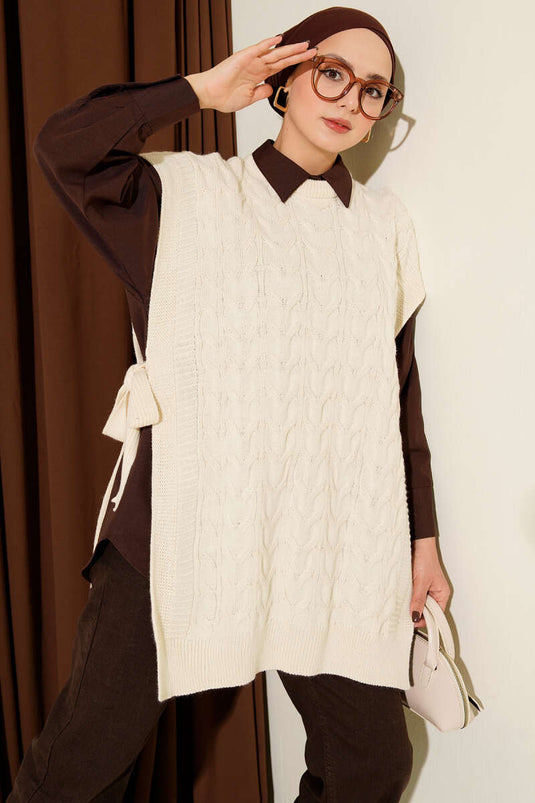 Örgü Yandan Bağlamalı Triko Süveter Taş