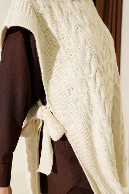 Örgü Yandan Bağlamalı Triko Süveter Taş