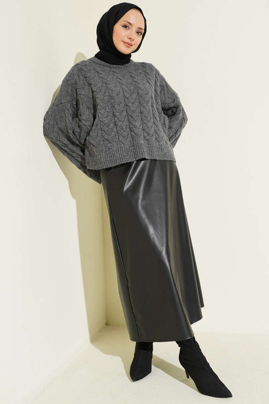 Knitted Loose Sweater with Braids, Smoky Gray