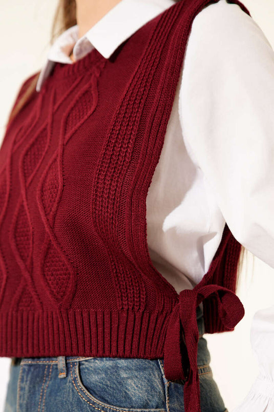 Knitted Short Sweater with Tie Sides, Burgundy