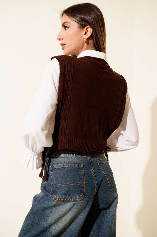 Knitted Short Sweater with Tie Sides, Coffee