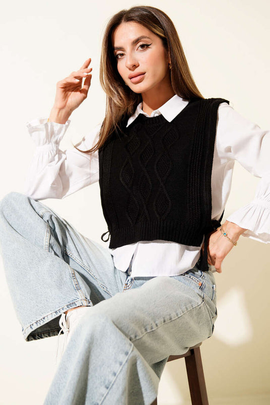 Knitted Side Tie Short Sweater, Black