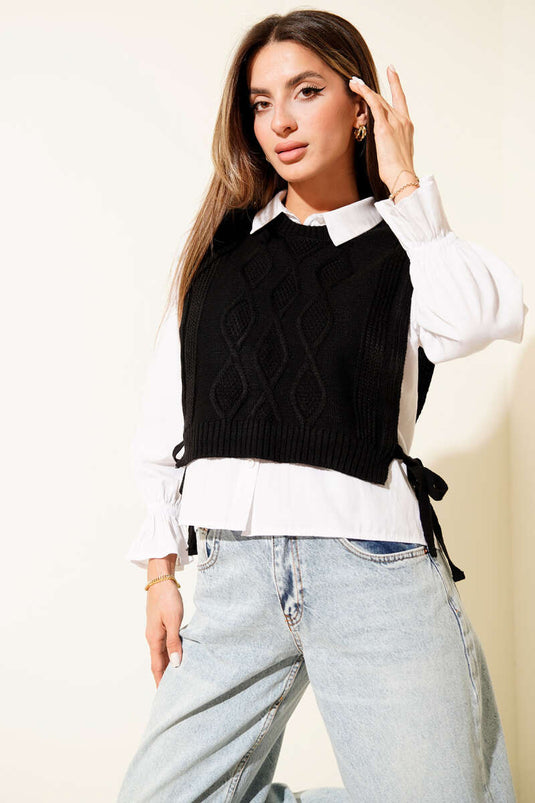 Knitted Side Tie Short Sweater, Black