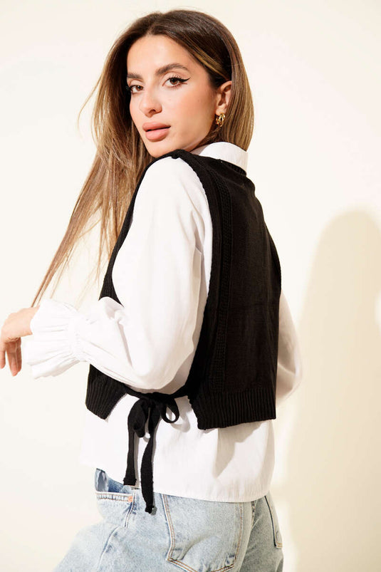 Knitted Side Tie Short Sweater, Black