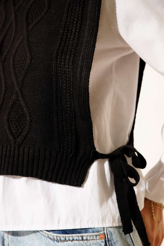Knitted Side Tie Short Sweater, Black