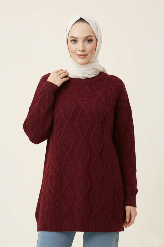 كنزة صوفية محبوكة، لون عنابي