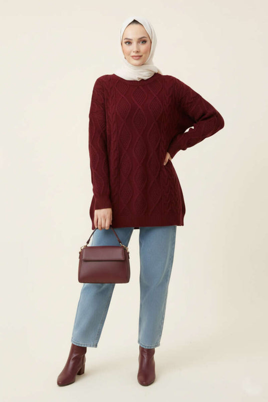 كنزة صوفية محبوكة، لون عنابي