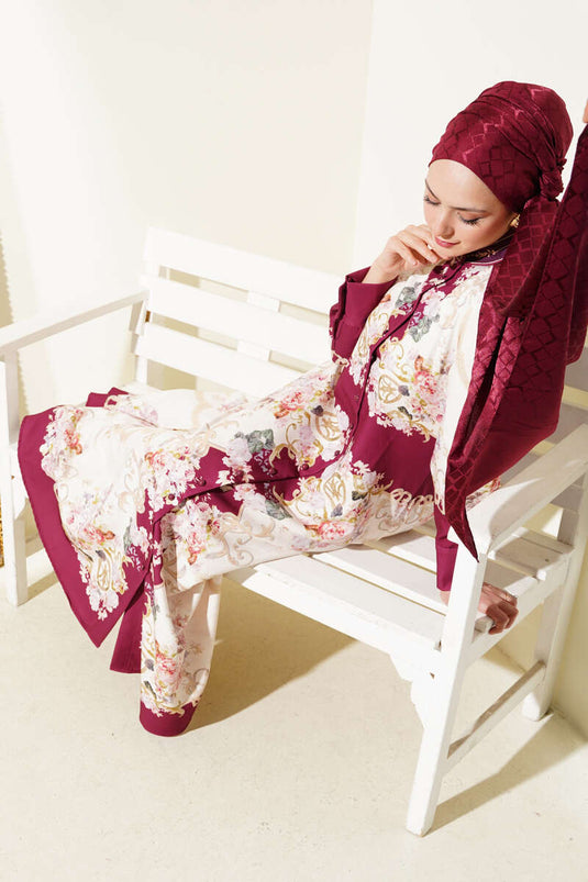 فستان بأزرار بنمط أصلي باللون العنابي