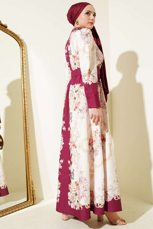 فستان بأزرار بنمط أصلي باللون العنابي