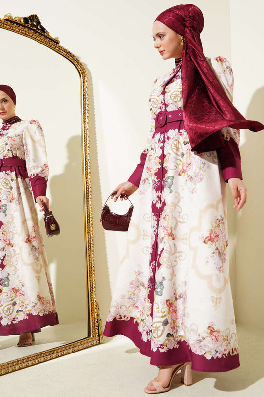 فستان بأزرار بنمط أصلي باللون العنابي