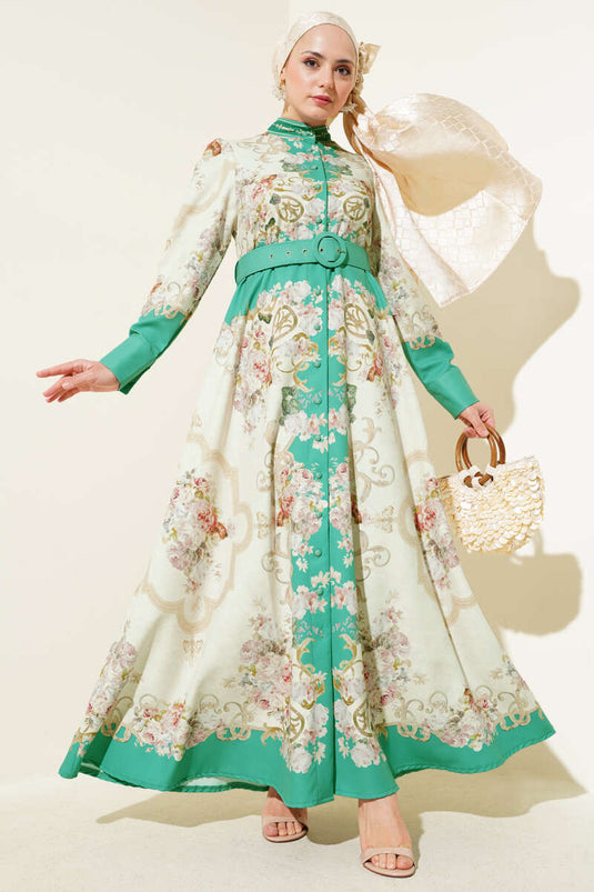 Robe boutonnée à motif authentique vert amande