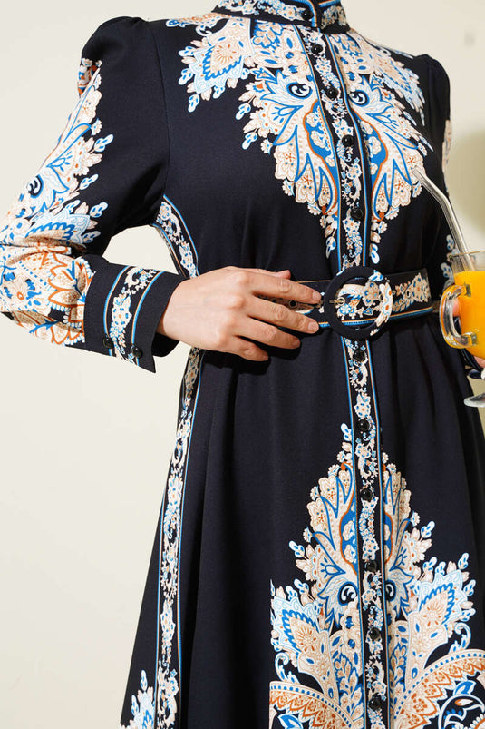 Authentic Pattern Buttoned Dress Black