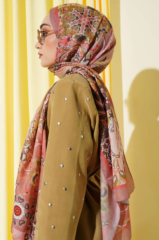 Châle authentique à motifs floraux camel