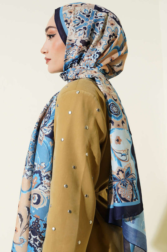 وشاح مزخرف بنقوش زهور أصلية، أزرق داكن