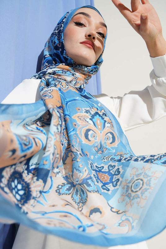 وشاح مزخرف بنقوش زهور أصلية، أزرق فاتح