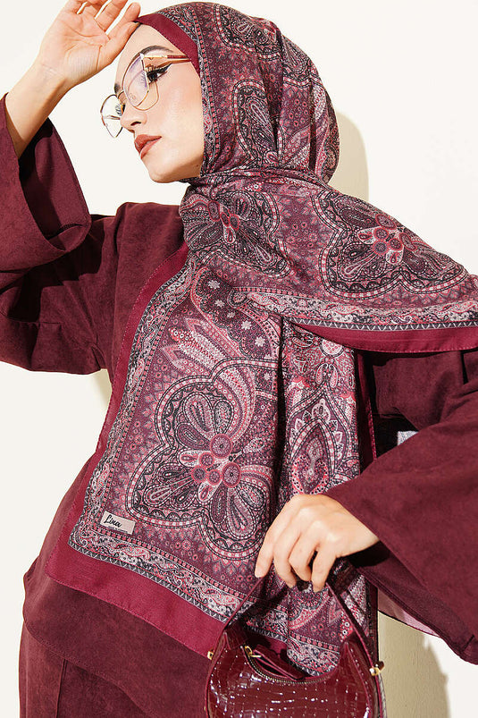 Burgundy Patterned Shawl With Vintage Motifs