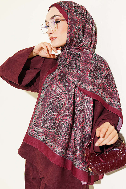 Burgundy Patterned Shawl With Vintage Motifs