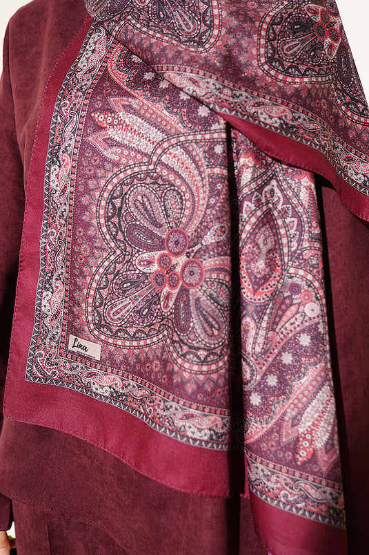 Burgundy Patterned Shawl With Vintage Motifs