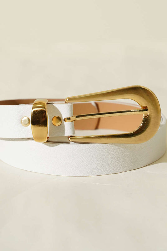 Oval Dikdörtgen Gold Tokalı Kemer Beyaz