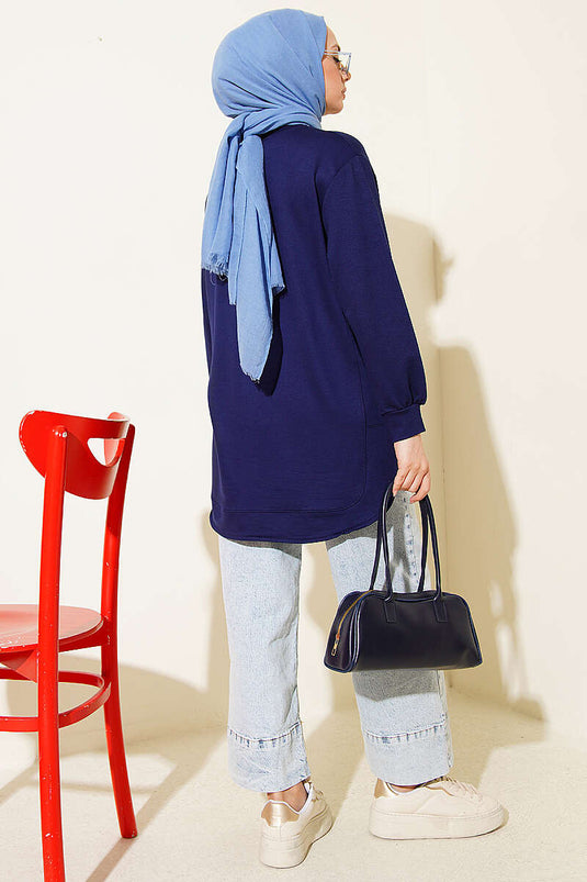 Oval Dikişli Loyşa Tunik Lacivert